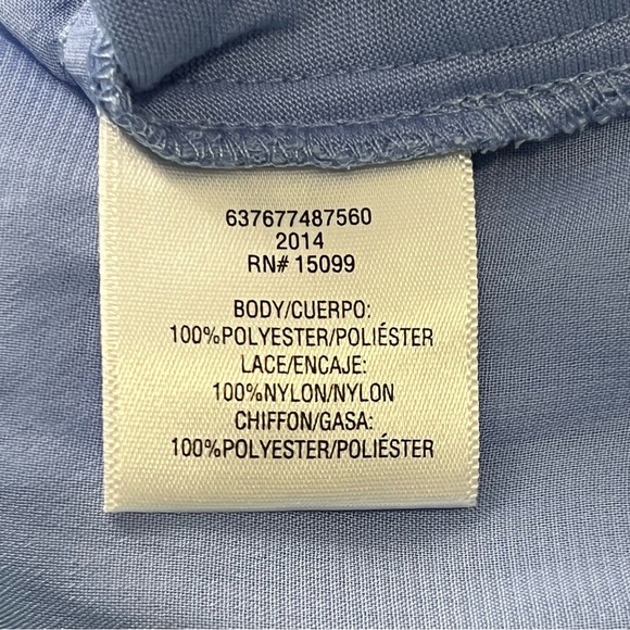 Blue Lace Front Top Size Large Sheer Chiffon Back Button Tab Sleeve Cornflower - Picture 6 of 9